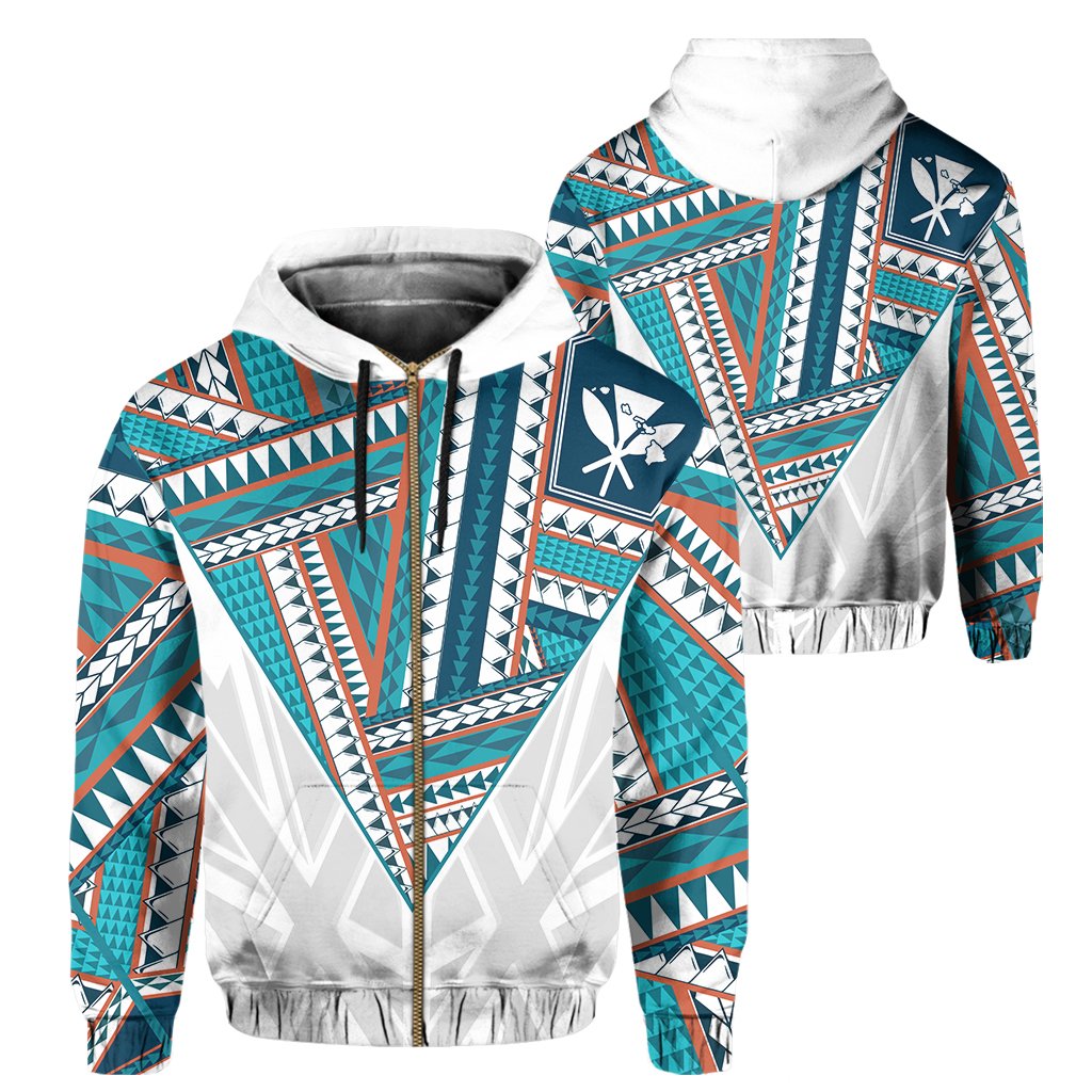 Hawaii Hoodie Zip Football Jersey Style White and Cyan AH Unisex White - Polynesian Pride