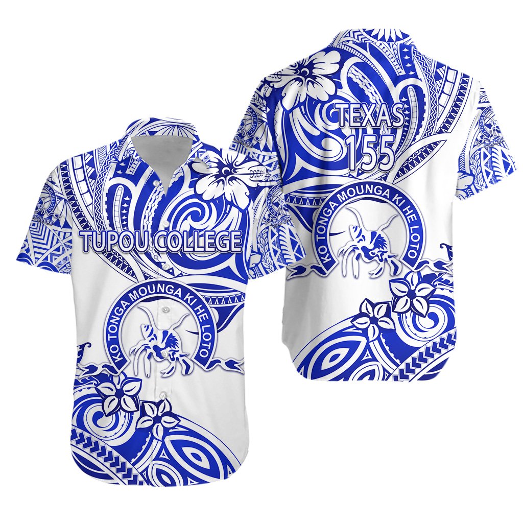 TEXAS - Kolisi Ko Tupou College Tonga Hawaiian Shirt Unique Vibes - White, Custom Text and Number Unisex Blue - Polynesian Pride