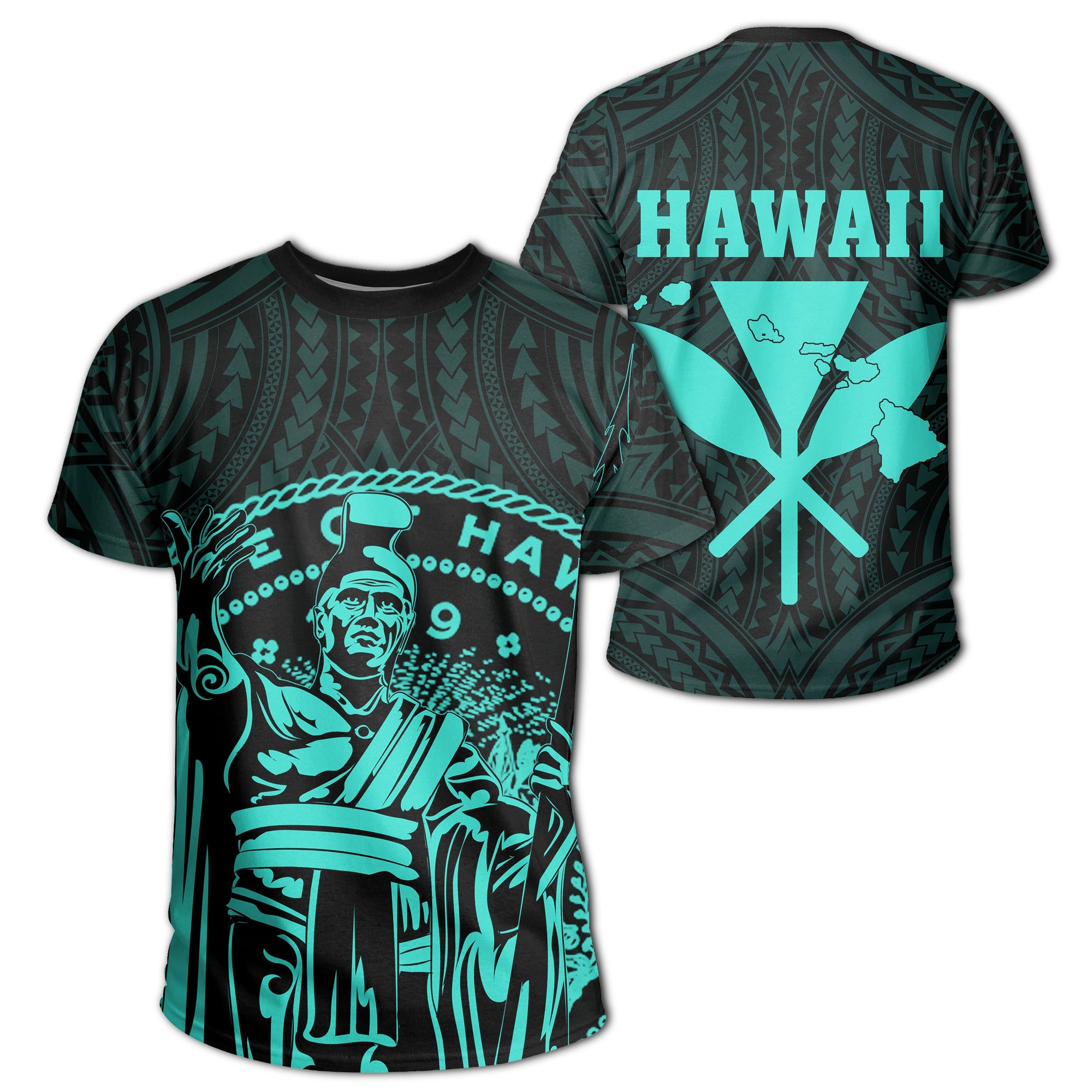 Hawaii King Coat of Arms Kanaka Map Polynesian T Shirt Turquoise Unisex Turquoise - Polynesian Pride