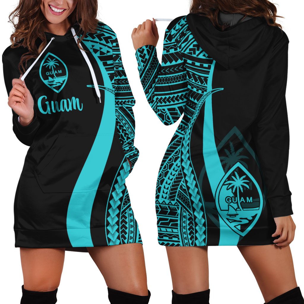 Guam Women's Hoodie Dress - Turquoise Polynesian Tentacle Tribal Pattern Turquoise - Polynesian Pride