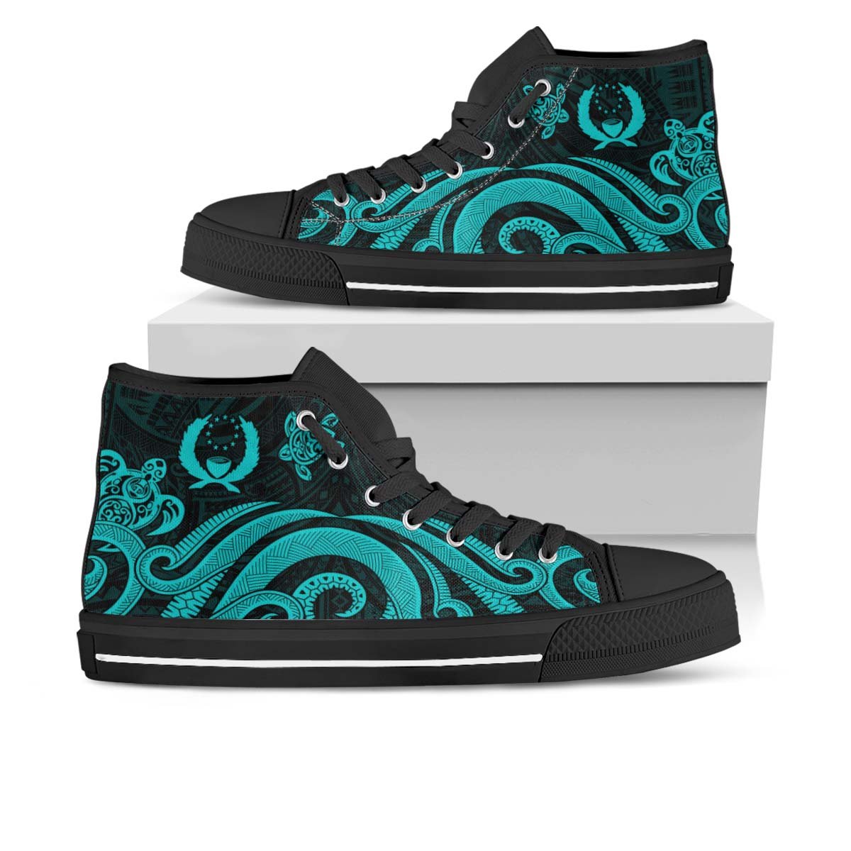 Pohnpei High Top Shoes - Turquoise Tentacle Turtle Unisex Black - Polynesian Pride