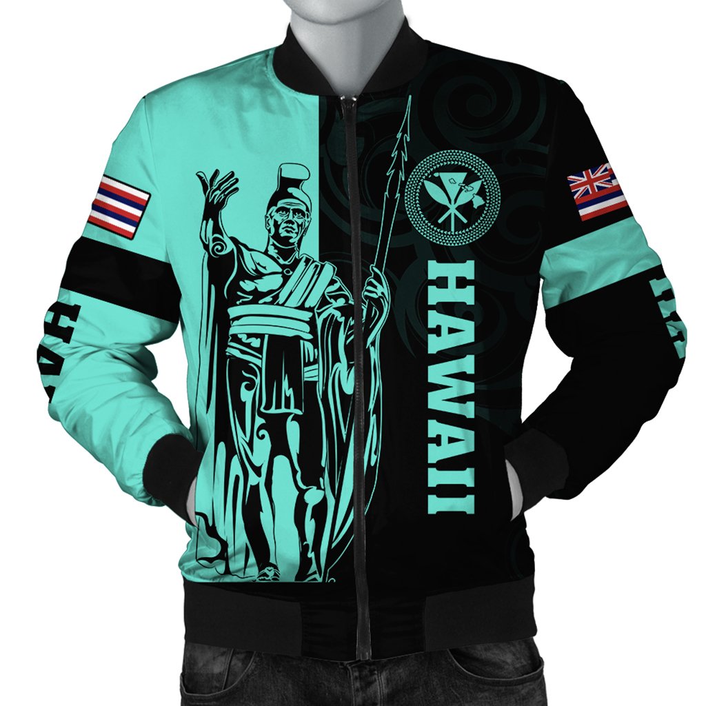 Hawaii King Polynesian Bomber Jacket - Lawla Style Turquoise - AH Black Unisex - Polynesian Pride