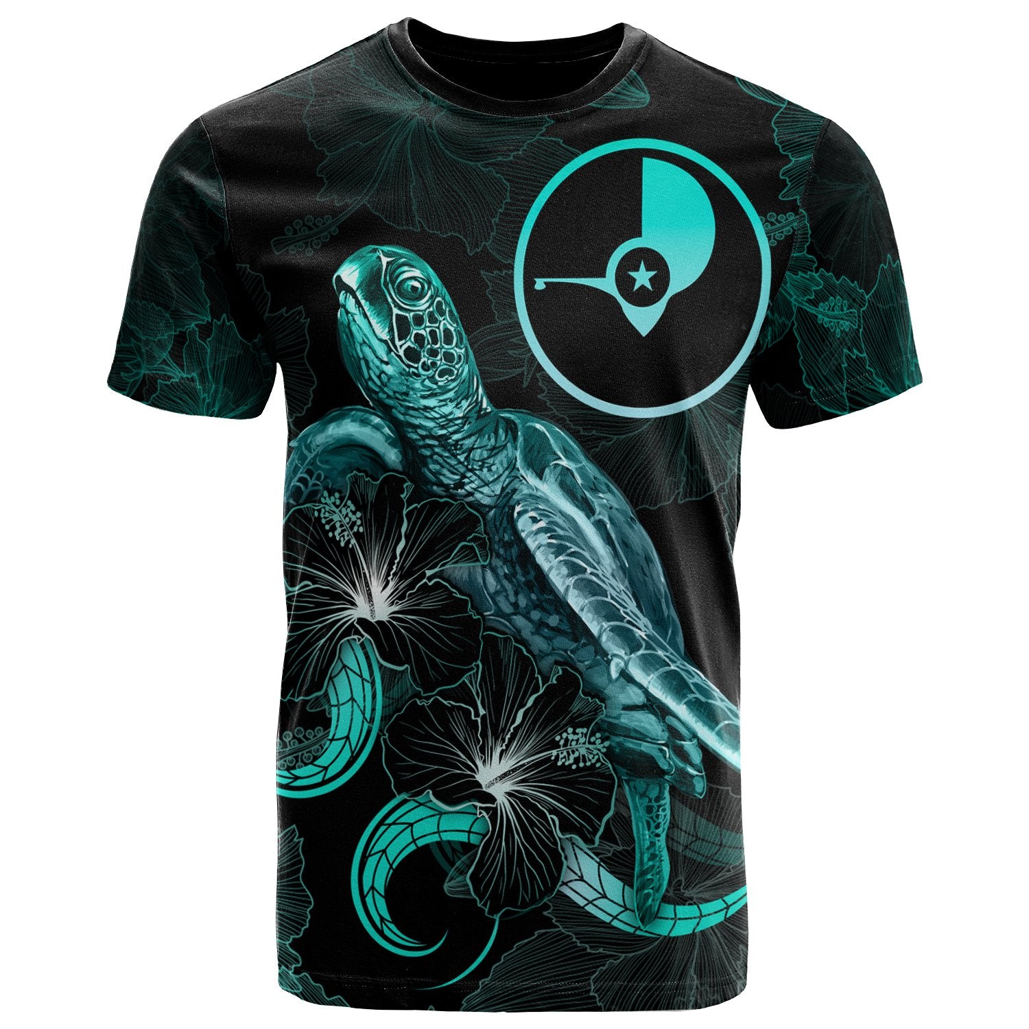 Yap Polynesian T Shirt Turtle With Blooming Hibiscus Turquoise Unisex Art - Polynesian Pride