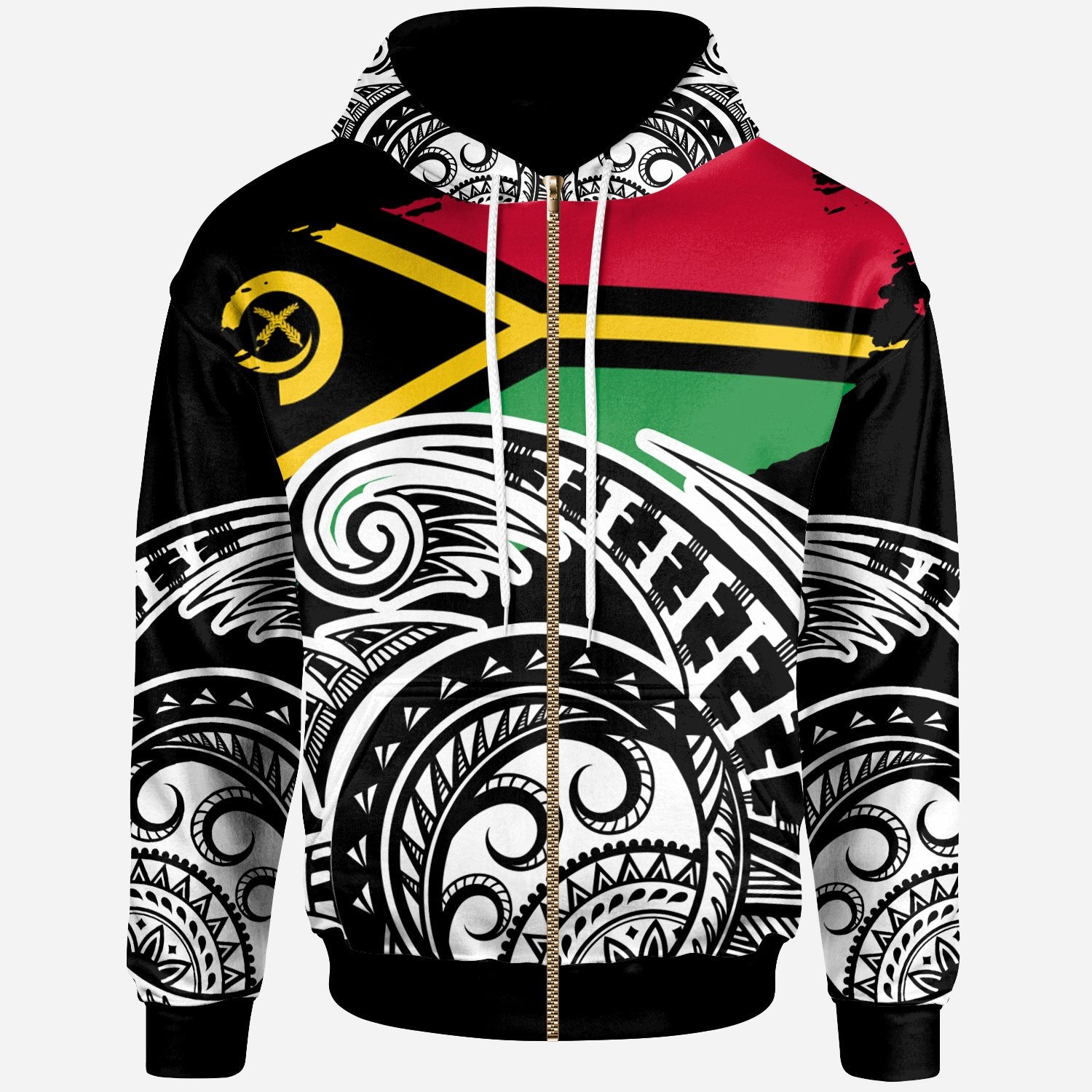 Vanuatu Custom Zip Hoodie Ethnic Style With Round Black White Pattern Unisex Black - Polynesian Pride