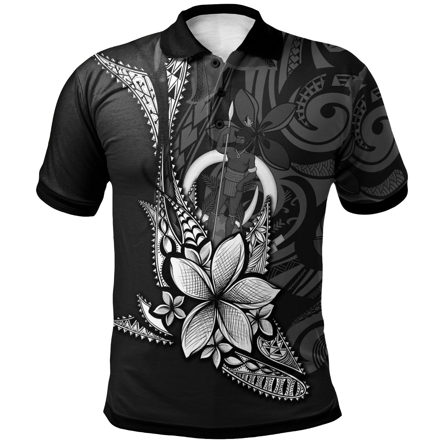 Vanuatu Polo Shirt Fish With Plumeria Flowers Style Unisex Black - Polynesian Pride