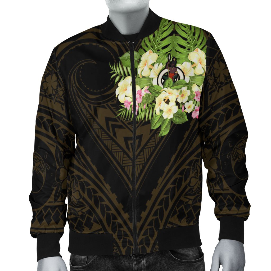 Vanuatu Men's Bomber Jacket - Polynesian Gold Patterns Collection Black - Polynesian Pride