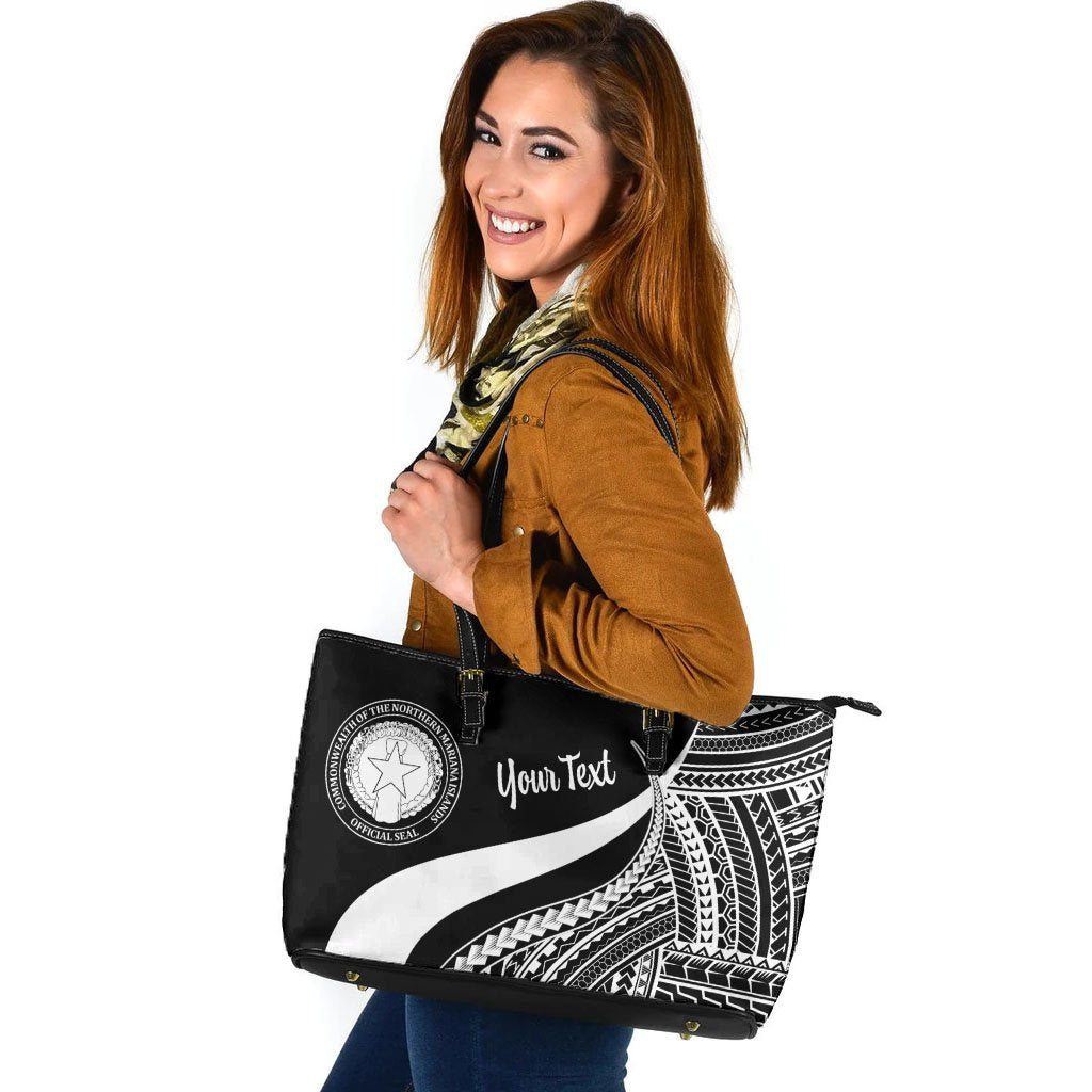 Northern Mariana Islands Custom Personalised Large Leather Tote Bag - White Polynesian Tentacle Tribal Pattern White - Polynesian Pride