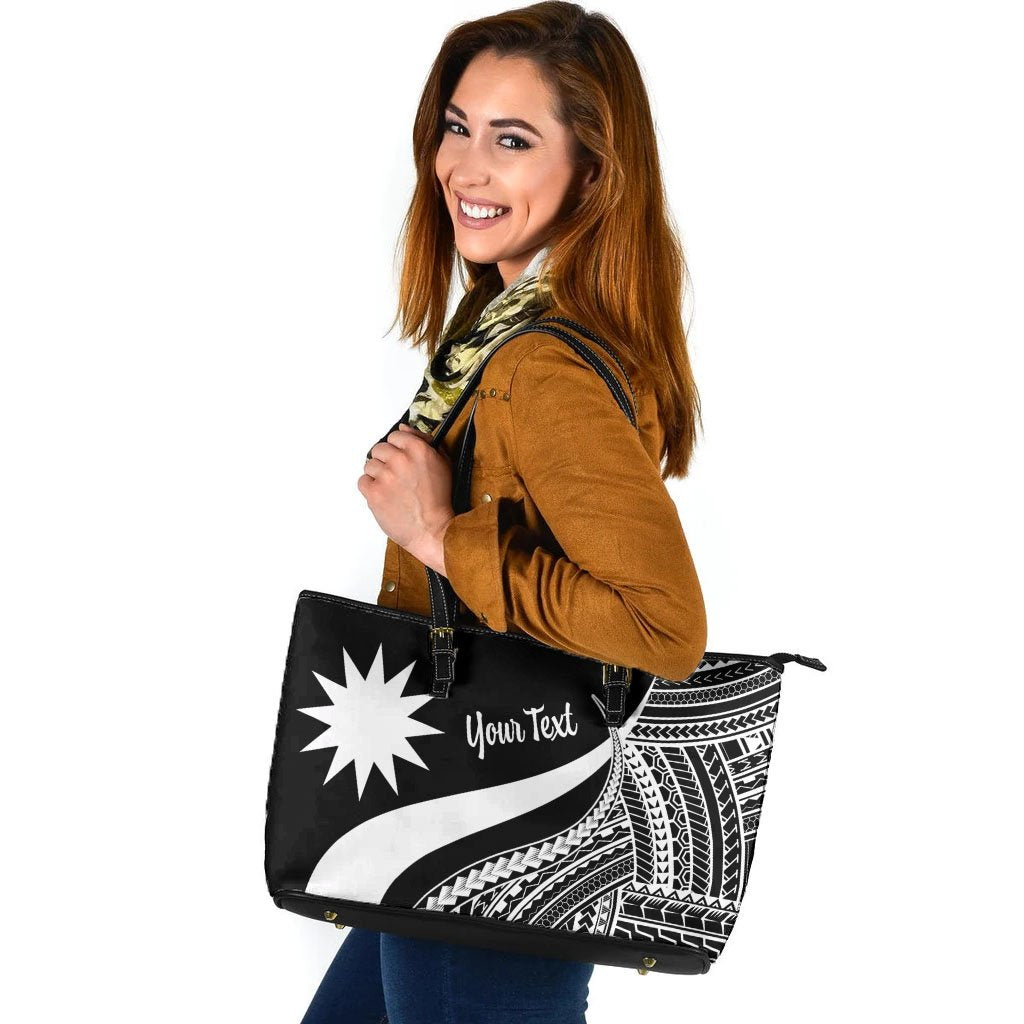 Nauru Custom Personalised Large Leather Tote Bag - White Polynesian Tentacle Tribal Pattern White - Polynesian Pride