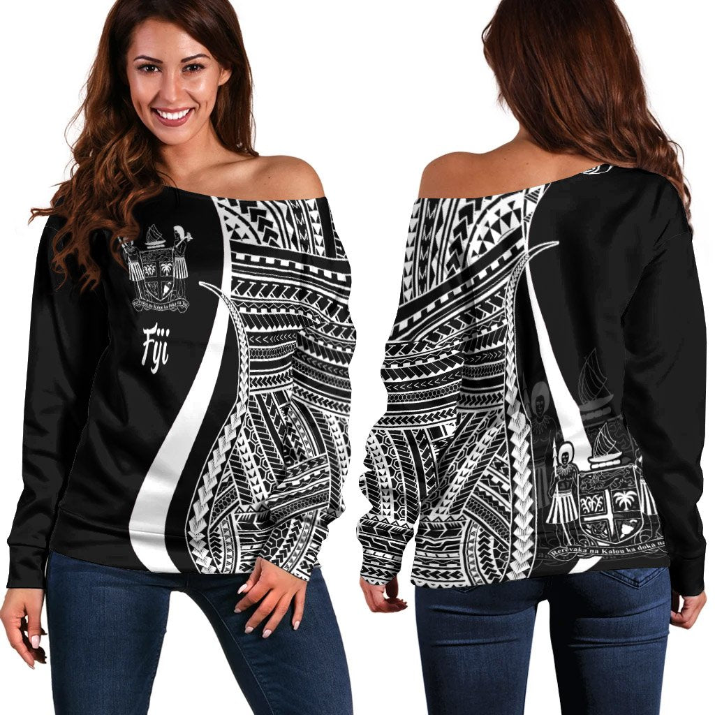 Fiji Women's Off Shoulder Sweater - White Polynesian Tentacle Tribal Pattern Crest White - Polynesian Pride