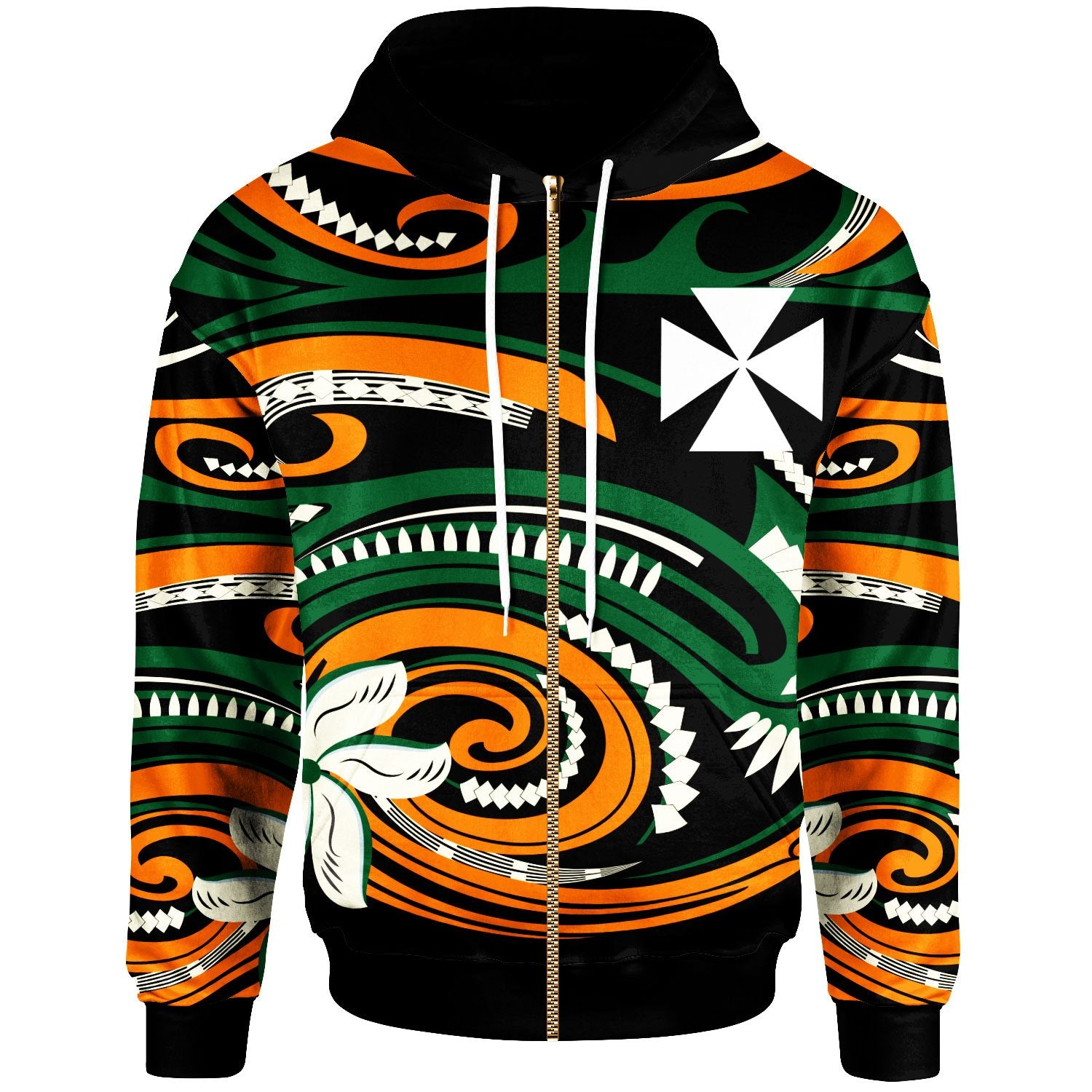 Wallis & Futuna Zip Hoodie Vortex Style Unisex Green Orange - Polynesian Pride