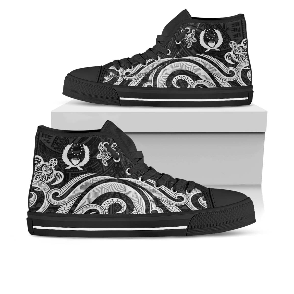 Pohnpei High Top Shoes - White Tentacle Turtle Unisex Black - Polynesian Pride