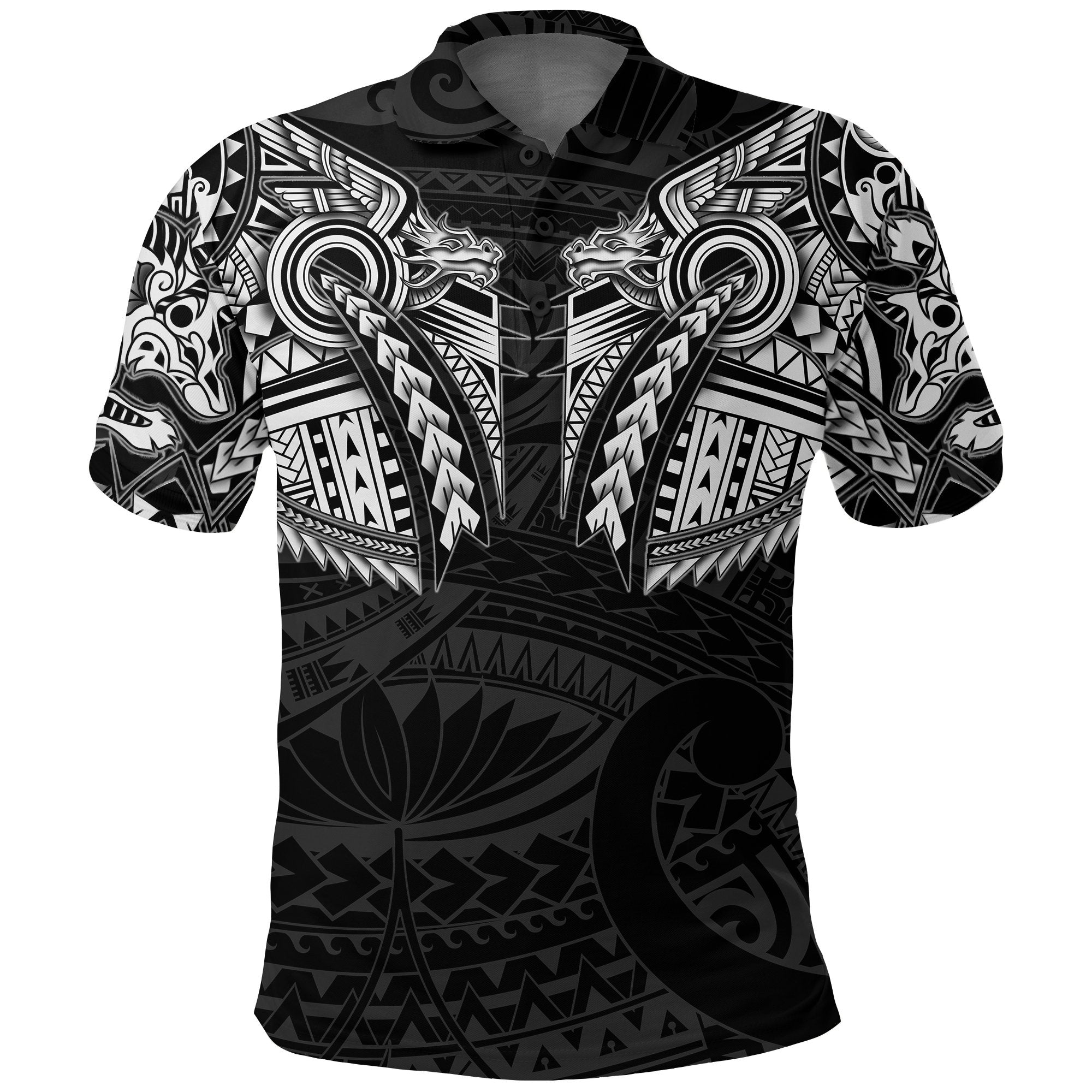 New Zealand Polo Shirt, Maori Tattoo Wolf Dragon Golf Shirt White Unisex Black - Polynesian Pride