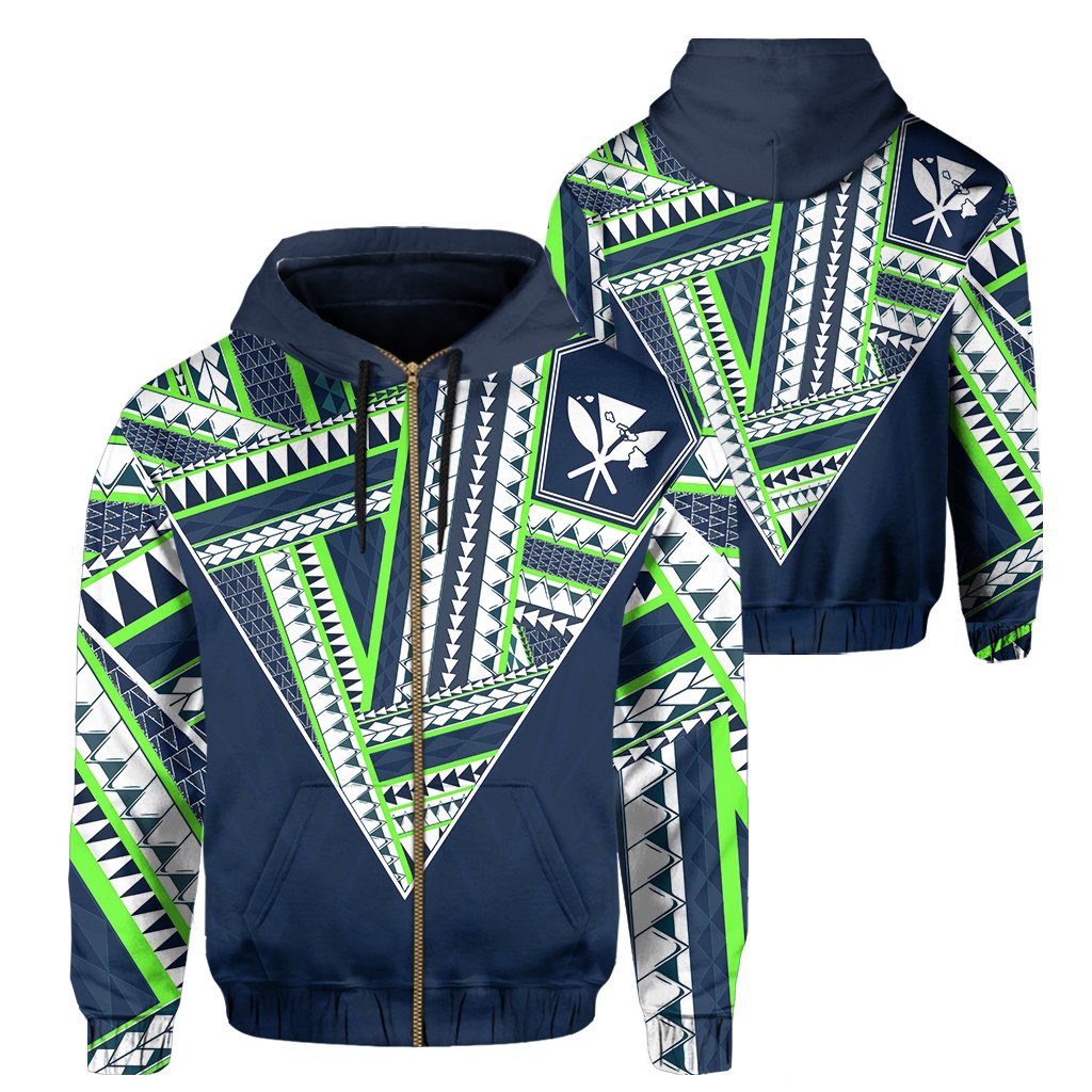 Hawaii Hoodie Zip Football Jersey Style Navy and Green Unisex Blue - Polynesian Pride