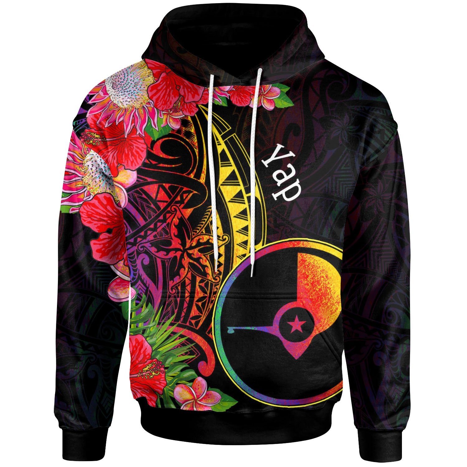 Yap State Hoodie Tropical Hippie Style Unisex Black - Polynesian Pride