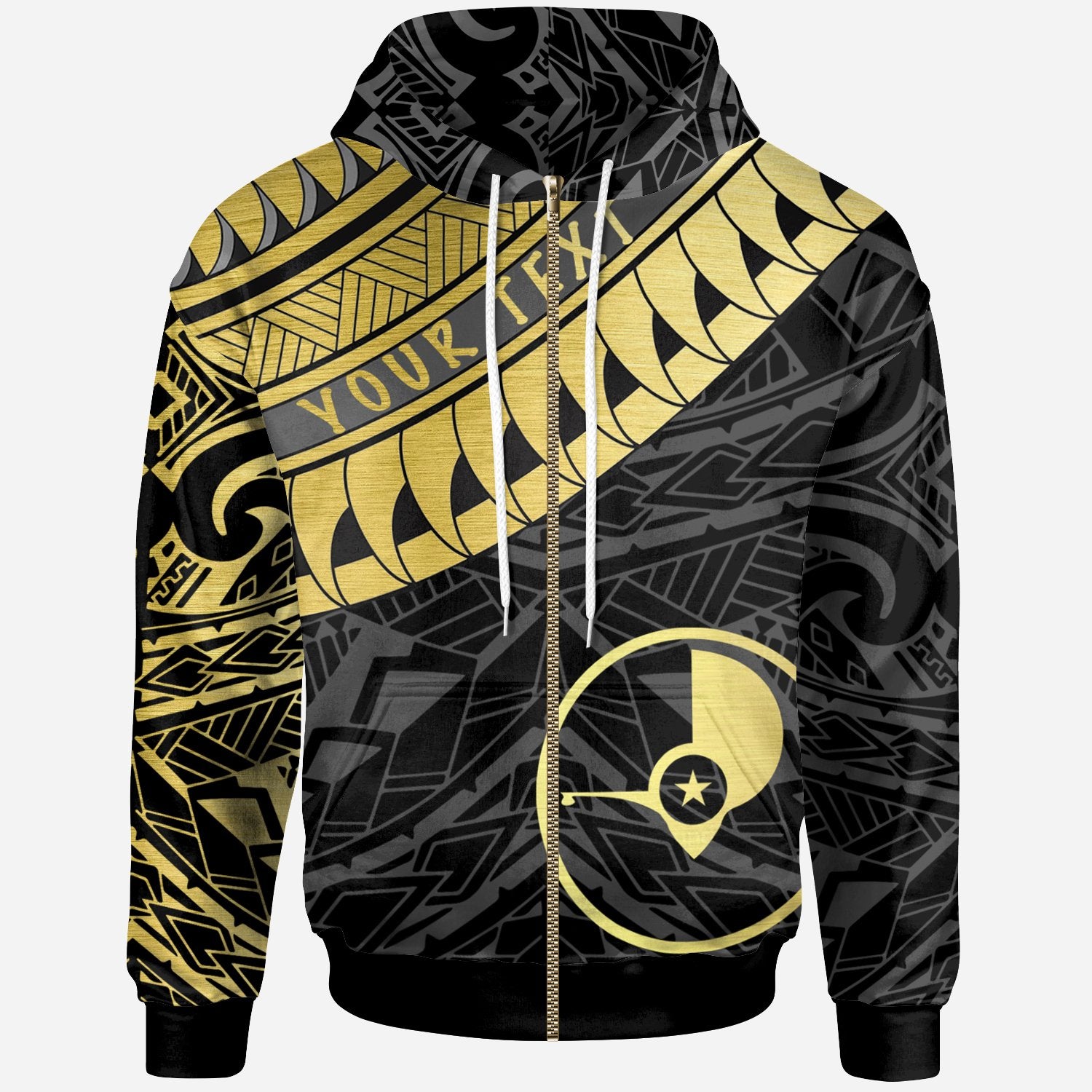 Yap Custom Zip Hoodie Ginger Lei Pattern Gold Unisex Black - Polynesian Pride