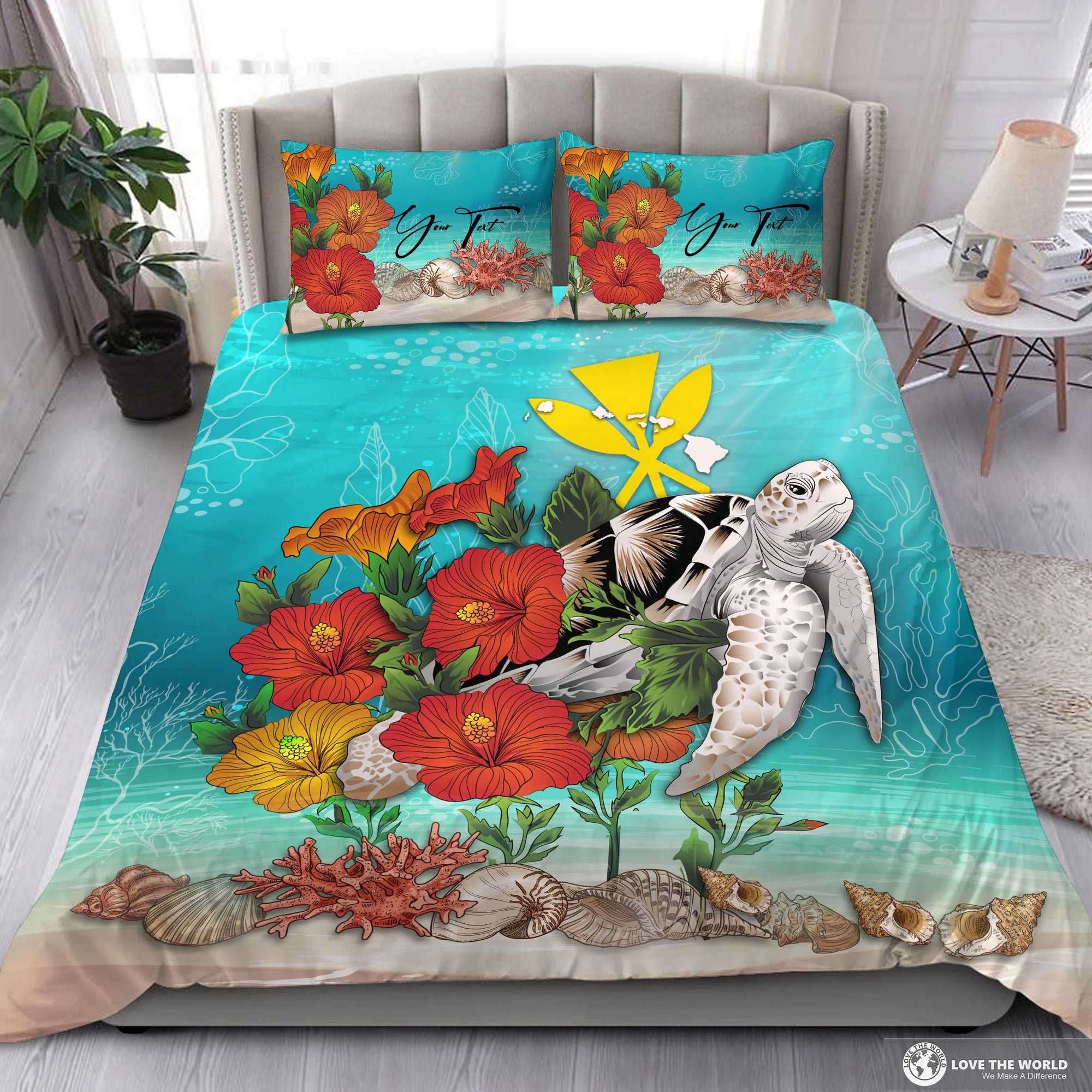 (Custom) Hawaii Bedding Set - Ocean Turtle Hibiscus Personal Signature Blue - Polynesian Pride