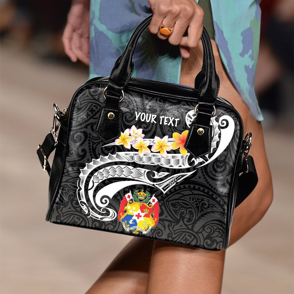 Tonga Custom Personalised Shoulder Handbag - Tonga Seal Polynesian Patterns Plumeria (Black) One Size Black - Polynesian Pride