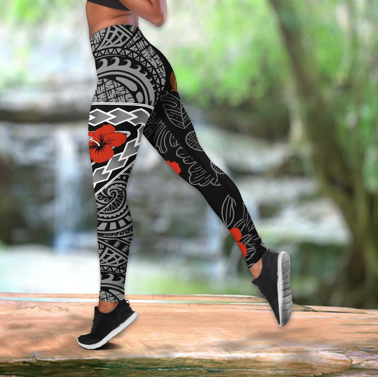 Polynesian Red Hibiscus Hawaii Leggings - AH Black - Polynesian Pride