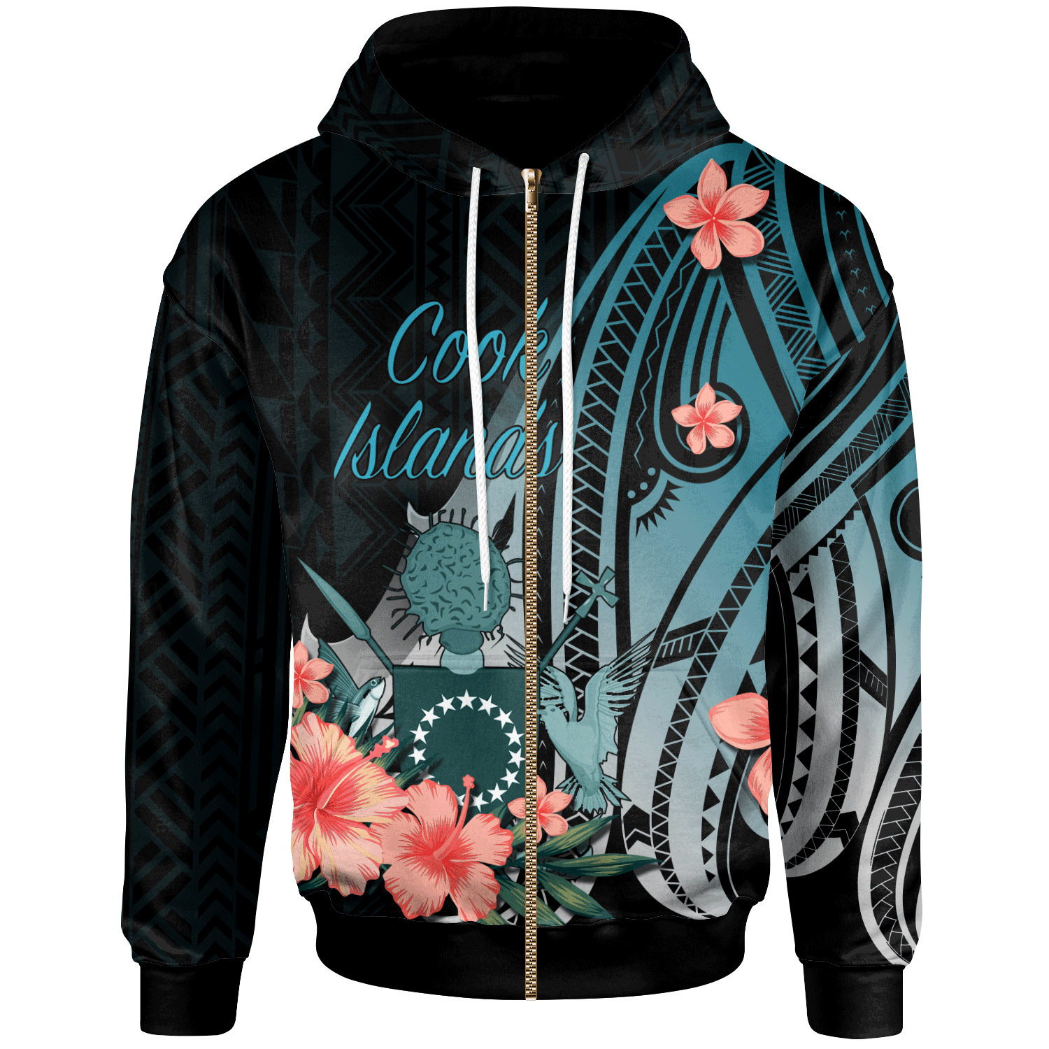 Cook Islands Zip Hoodie Turquoise Polynesian Hibiscus Pattern Style Unisex Turquoise - Polynesian Pride