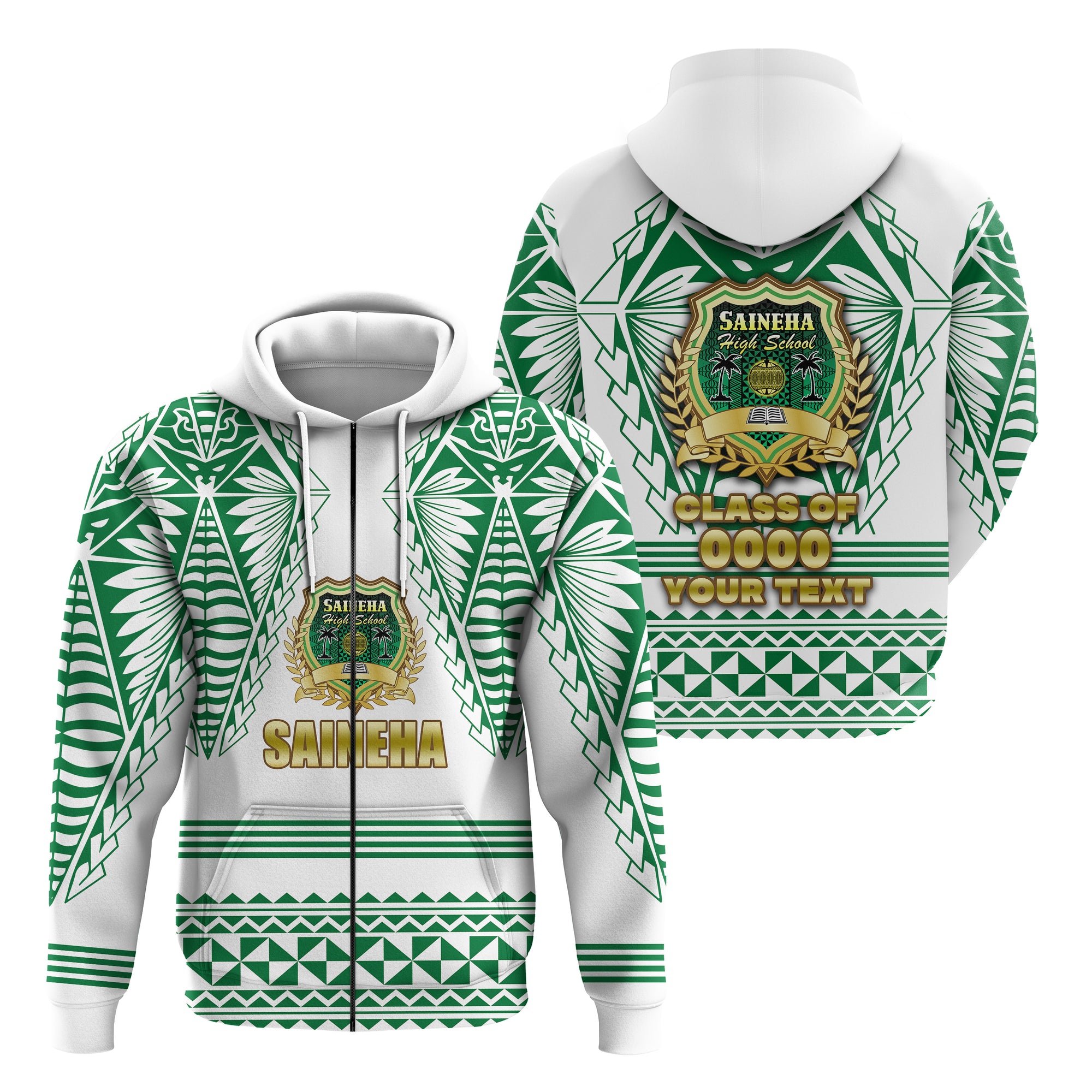 Custom Saineha Tonga Zip Hoodie Tattoo Style Special Class of LT16 Unisex Green - Polynesian Pride