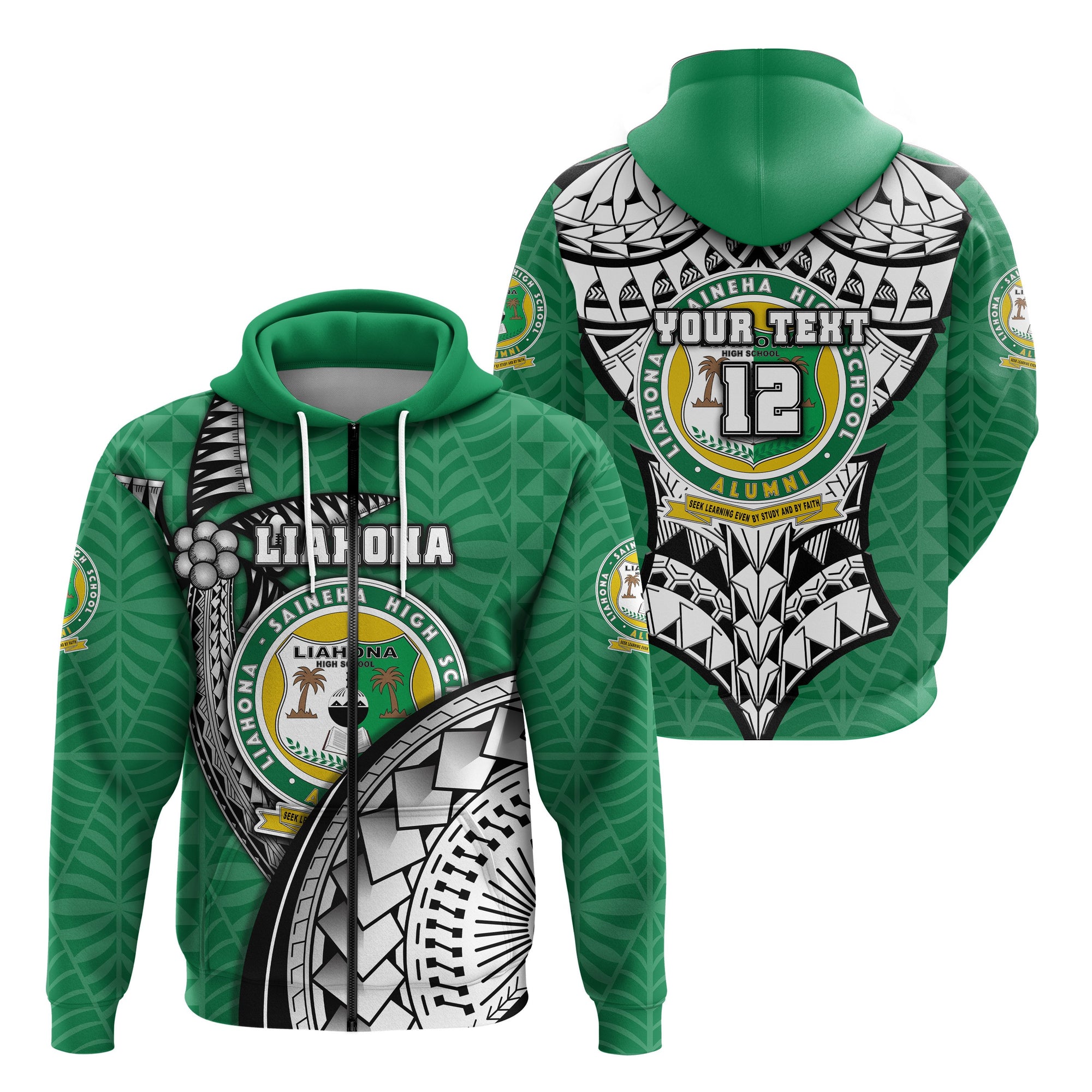 Custom Liahona Tonga Zip Hoodie Polynesian Coconut Tree Style Version 2 Unisex Green - Polynesian Pride