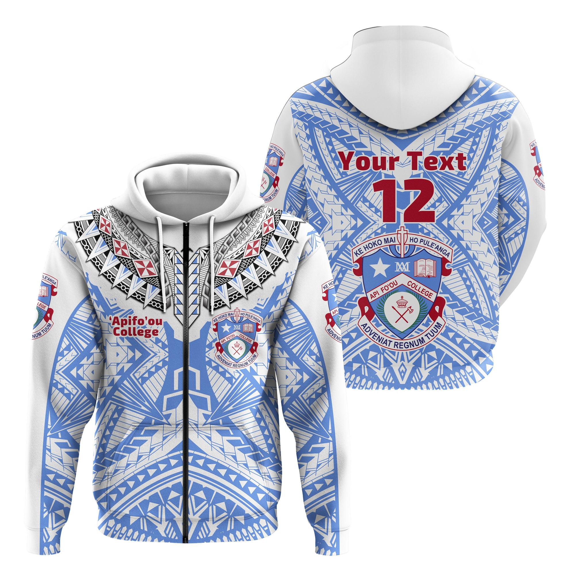 Custom Kolisi Apifoou College Tonga Zip Hoodie Polynesian Style Unisex White - Polynesian Pride