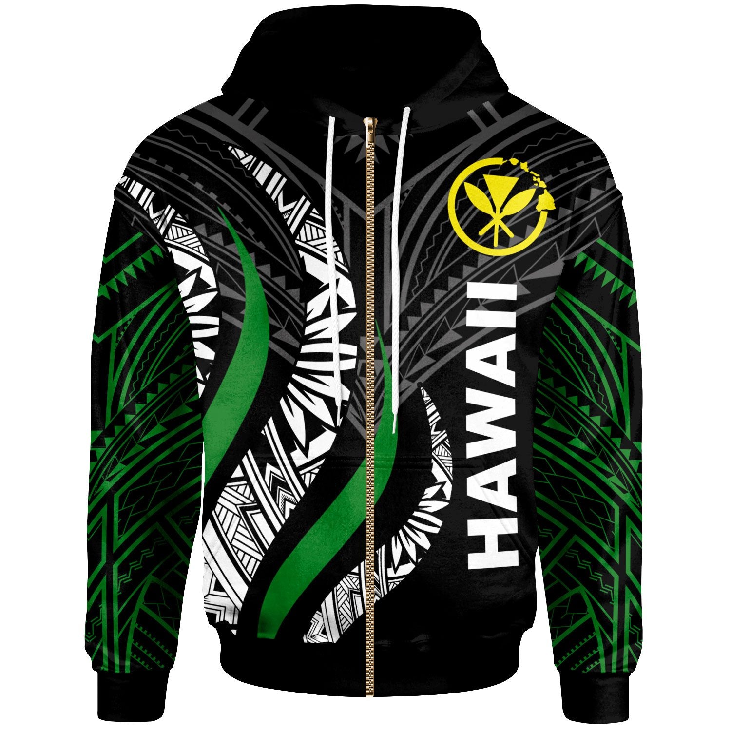 Hawaii Zip up Hoodie Hawaii Strong Fire Pattern Unisex Green - Polynesian Pride