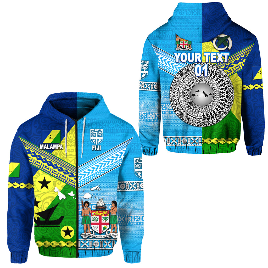 Custom Vanuatu Malampa Province and Fiji Zip Hoodie Together, Custom Text and Number LT8 Unisex Blue - Polynesian Pride