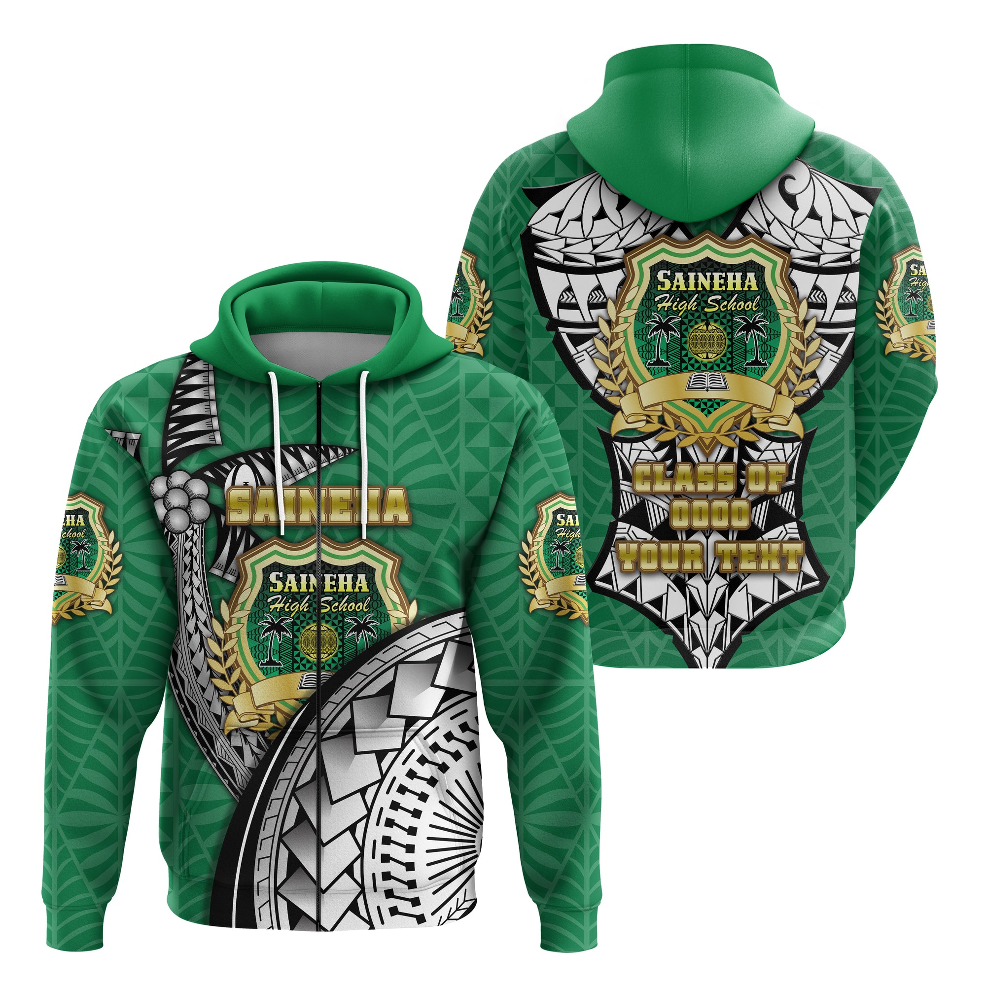 Custom Saineha Tonga Zip Hoodie Polynesian Style Special Class of LT16 Unisex Green - Polynesian Pride