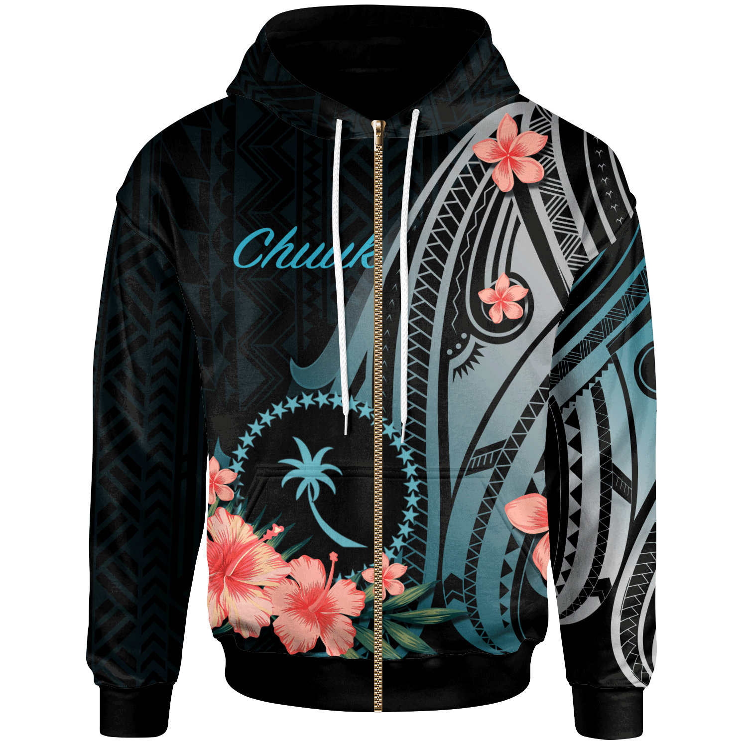 Chuuk Zip Hoodie Turquoise Polynesian Hibiscus Pattern Style Unisex Turquoise - Polynesian Pride