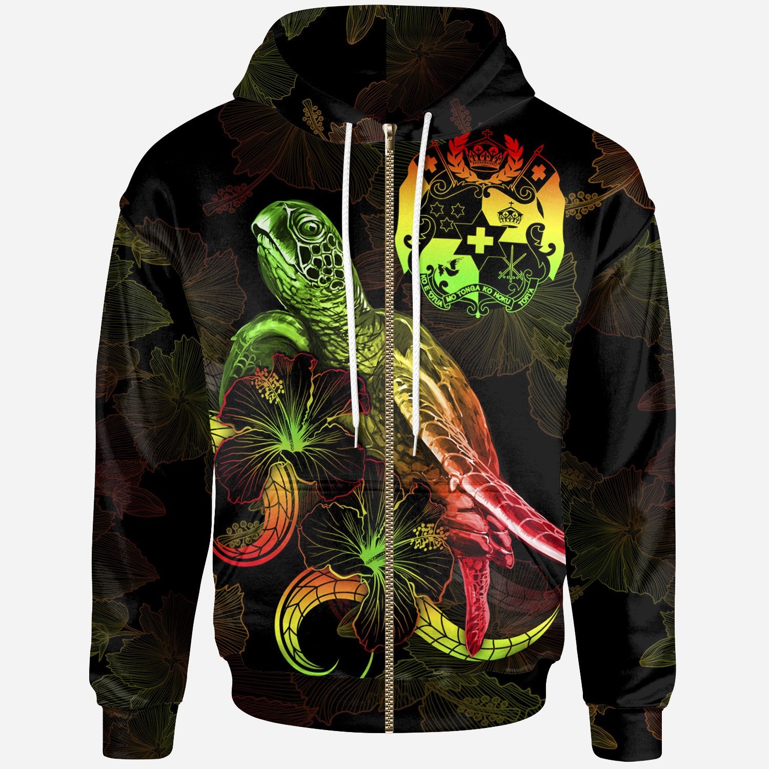 Tonga Polynesian Zip up Hoodie Turtle With Blooming Hibiscus Reggae Unisex Reggae - Polynesian Pride