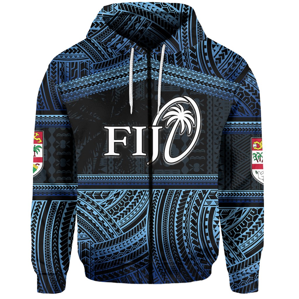 Custom Fiji Rugby Polynesian Patterns Zip Hoodie Blue Unisex Blue - Polynesian Pride