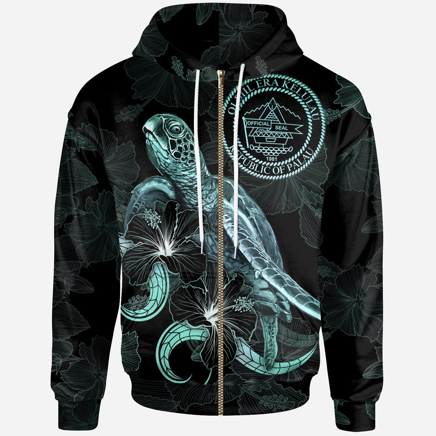 Palau Polynesian Zip up Hoodie Turtle With Blooming Hibiscus Turquoise Unisex Turquoise - Polynesian Pride