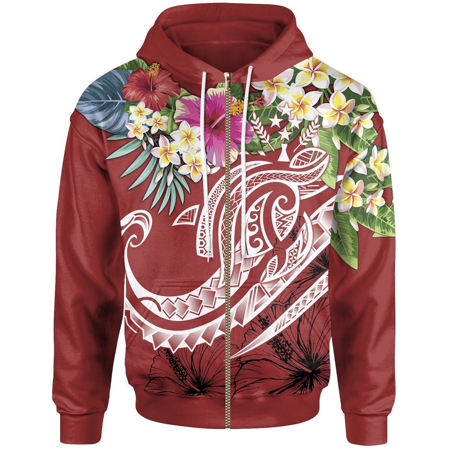 Kosrae Polynesian Zip up Hoodie Summer Plumeria (Red) Unisex Red - Polynesian Pride