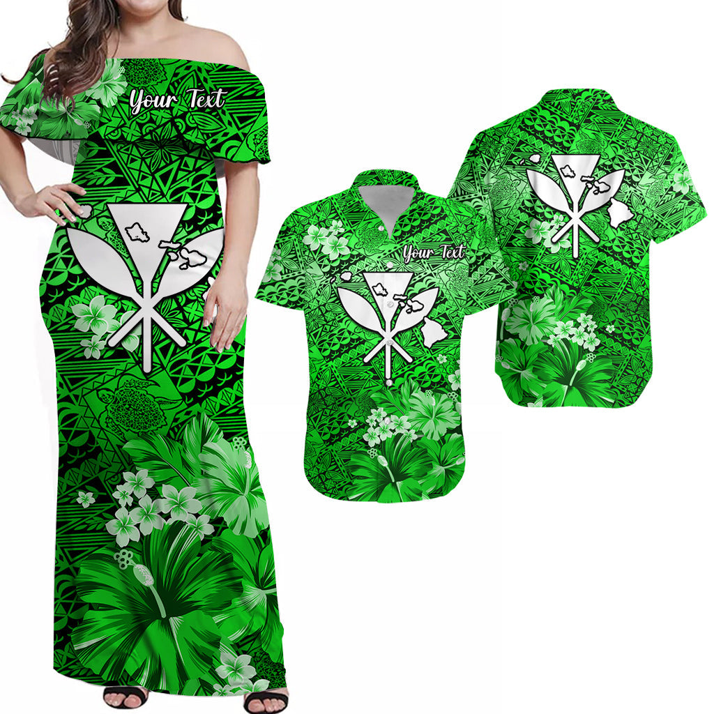 Custom Polynesian Matching Hawaiian Outfits For Couples Hawaiian Map with Kanaka Green Flowers LT13 Green - Polynesian Pride